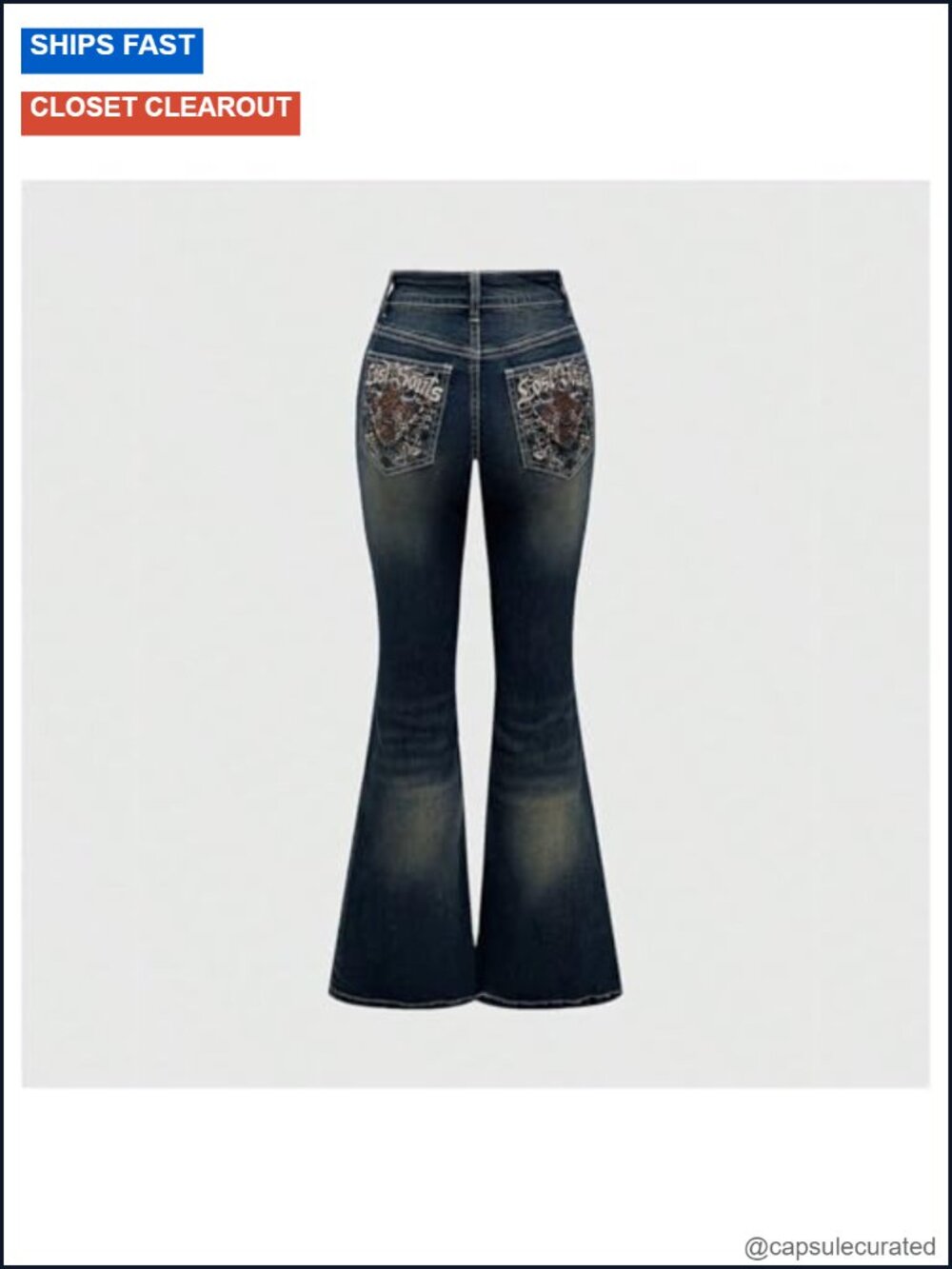 Bell Bottom Jeans Stretchy Embroidered Flared Y2K Goth High Waist Denim Pants - Picture 5 of 5